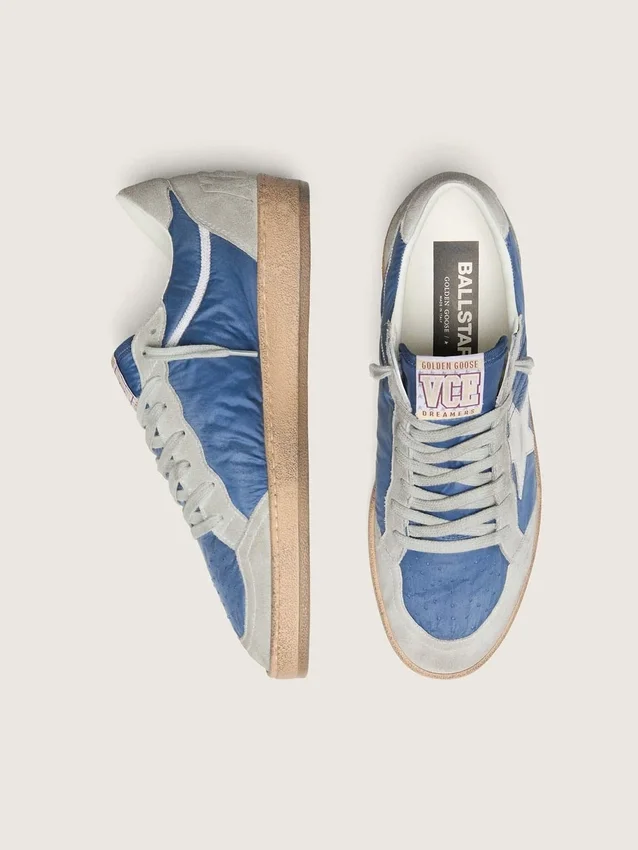 Ball Star para hombre en nylon azul denim con inserciones de gamuza gris claro y estrella de cuero plateado metalizado