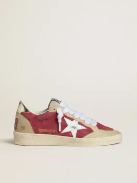 Ball Star para mujer en gamuza roja con estrella de gamuza blanca con efecto craquelado y lengüeta del talón de cuero platino