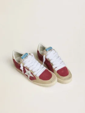 Ball Star para mujer en gamuza roja con estrella de gamuza blanca con efecto craquelado y lengüeta del talón de cuero platino