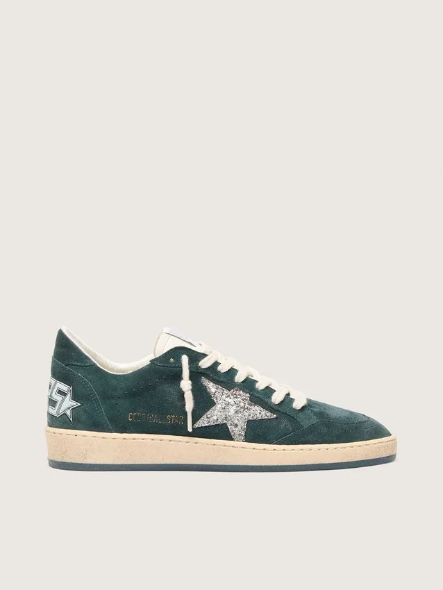 Ball Star para mujer en gamuza verde con estrella plateada con purpurina