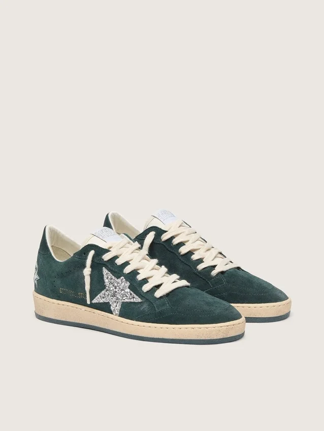 Ball Star para mujer en gamuza verde con estrella plateada con purpurina