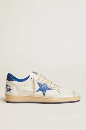 Ball Star para mujer en napa blanca con estrella y lengüeta en el talón de cuero azul brillante metalizado