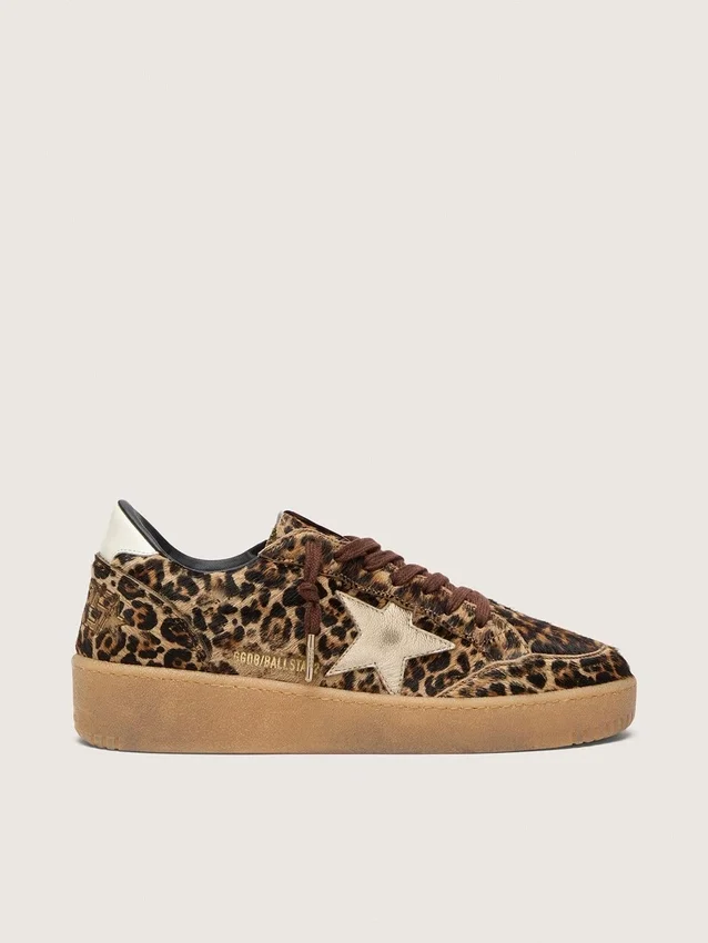 Ball Star para mujer en piel de potro con estampado de leopardo, estrella de cuero platino y lengüeta del talón de cuero blanco