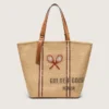 Bolso tipo tote «24.7» en rafia natural y cuero marrón con detalles metálicos dorados