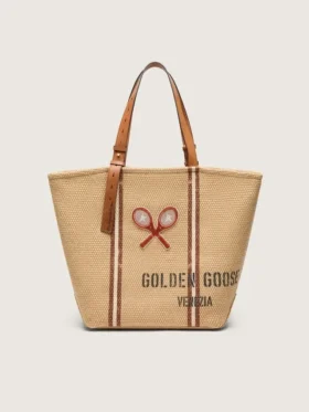 Bolso tipo tote «24.7» en rafia natural y cuero marrón con detalles metálicos dorados