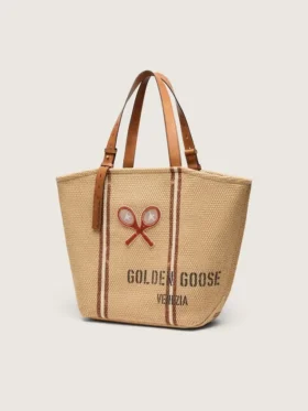Bolso tipo tote «24.7» en rafia natural y cuero marrón con detalles metálicos dorados