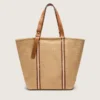 Bolso tipo tote «24.7» en rafia natural y cuero marrón con detalles metálicos dorados