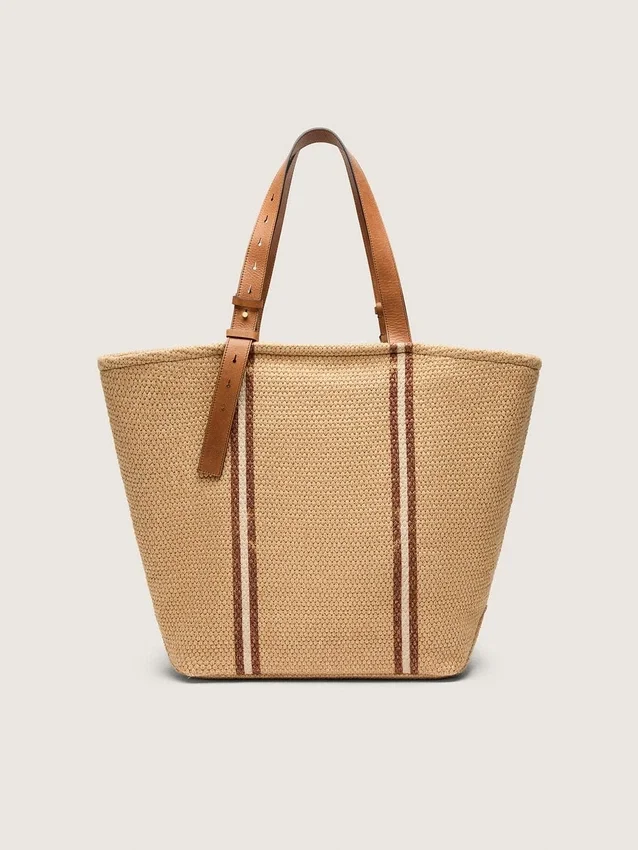 Bolso tipo tote «24.7» en rafia natural y cuero marrón con detalles metálicos dorados