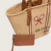 Bolso tipo tote «24.7» en rafia natural y cuero marrón con detalles metálicos dorados