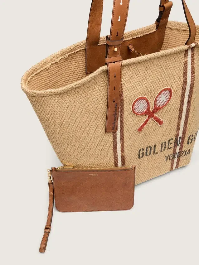 Bolso tipo tote «24.7» en rafia natural y cuero marrón con detalles metálicos dorados