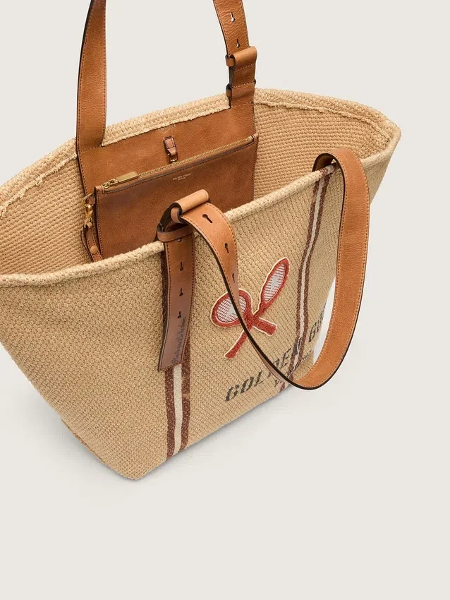 Bolso tipo tote «24.7» en rafia natural y cuero marrón con detalles metálicos dorados