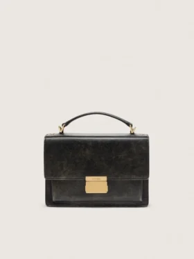 Bolso Venezia en cuero envejecido negro con detalles dorados