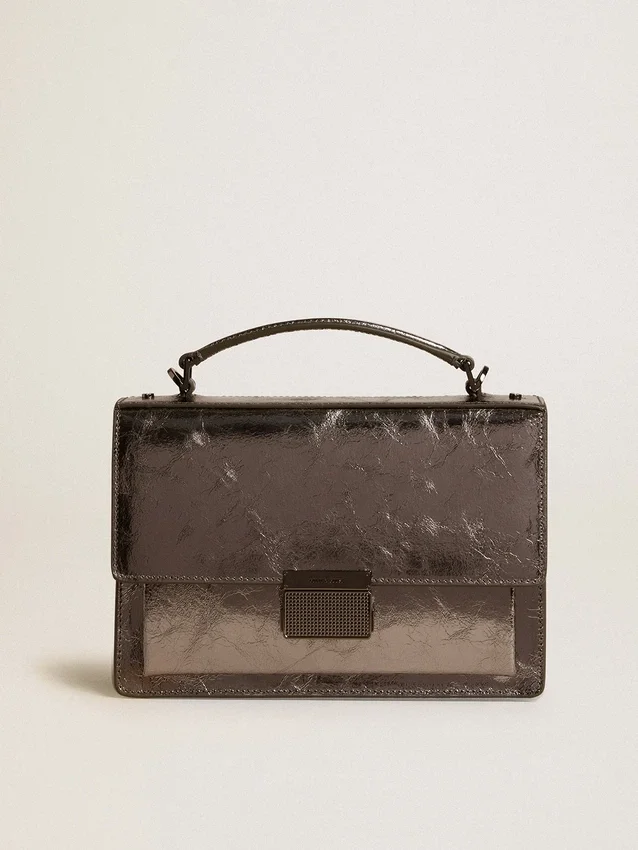 Bolso Venezia en cuero metalizado gris antracita con detalles en negro