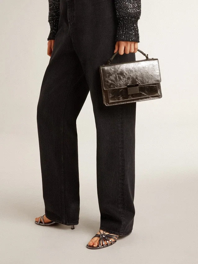 Bolso Venezia en cuero metalizado gris antracita con detalles en negro