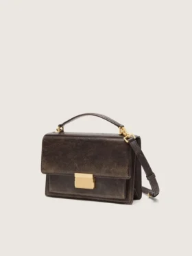 Bolso Venezia en cuero vintage marrón oscuro con relieve y detalles dorados