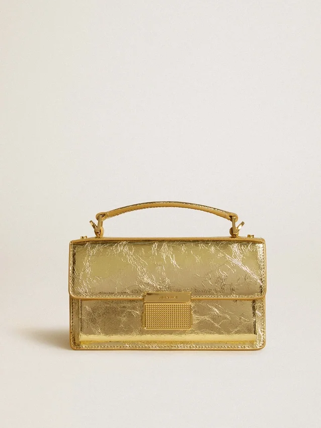 Bolso Venezia pequeño en cuero dorado metalizado con detalles dorados