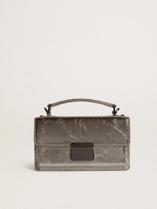 Bolso Venezia pequeño en cuero metalizado gris antracita con detalles en negro