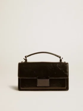 Bolso Venezia pequeño en cuero negro metalizado con detalles en negro