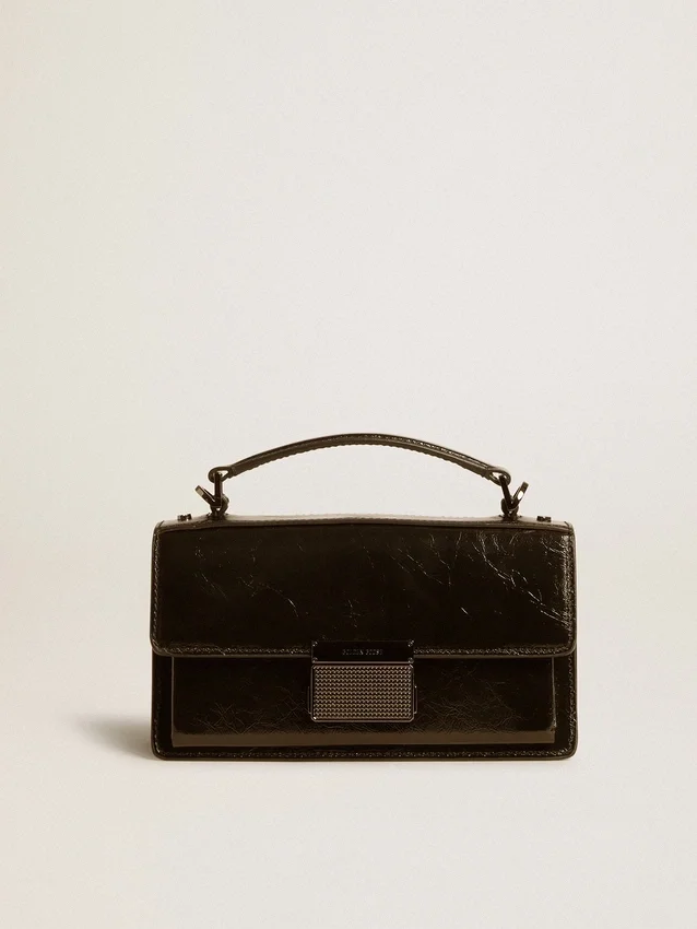 Bolso Venezia pequeño en cuero negro metalizado con detalles en negro