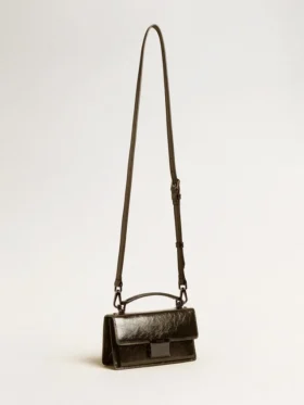 Bolso Venezia pequeño en cuero negro metalizado con detalles en negro