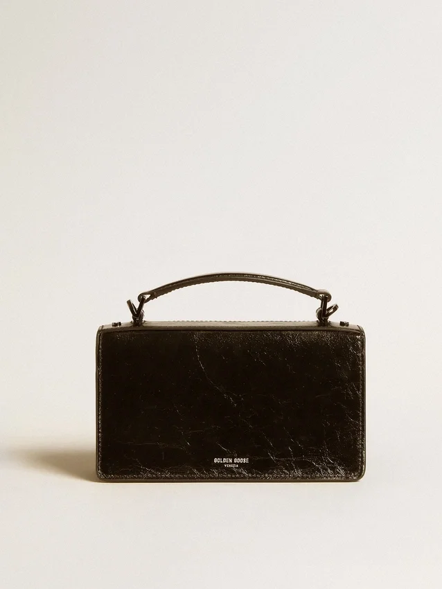 Bolso Venezia pequeño en cuero negro metalizado con detalles en negro