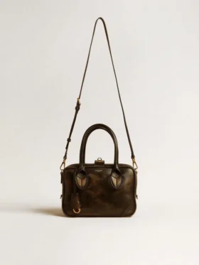 Bolso Vita en cuero envejecido negro con detalles dorados