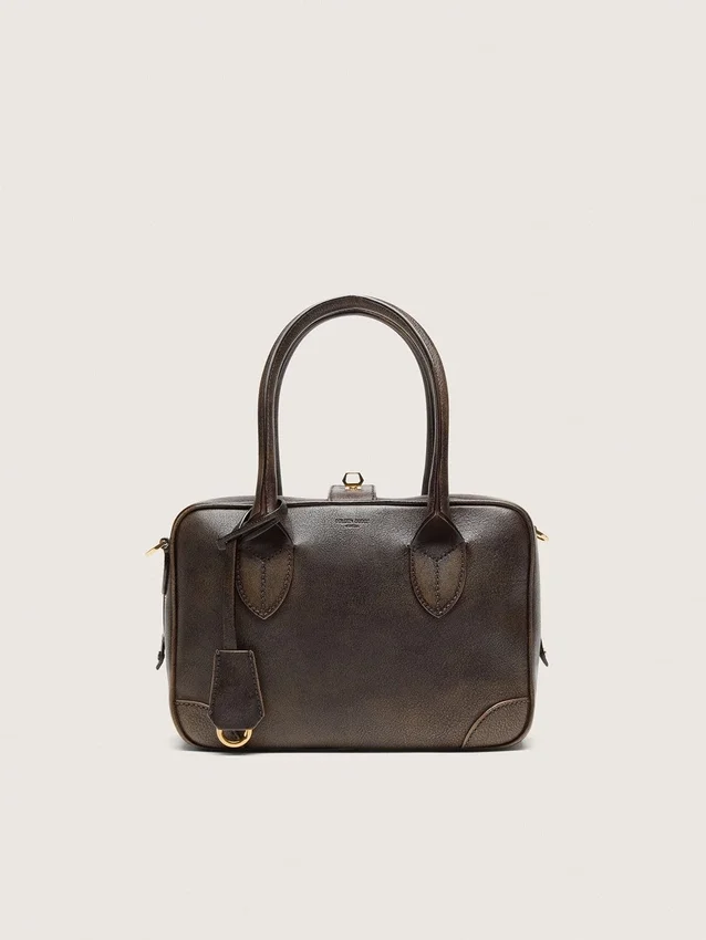 Bolso Vita en cuero vintage marrón con detalles dorados