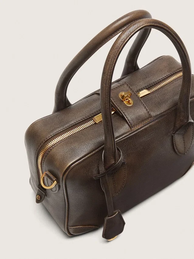 Bolso Vita en cuero vintage marrón con detalles dorados