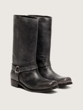 Botas altas de motociclista para hombre en cuero negro con correa y hebilla de color plateado