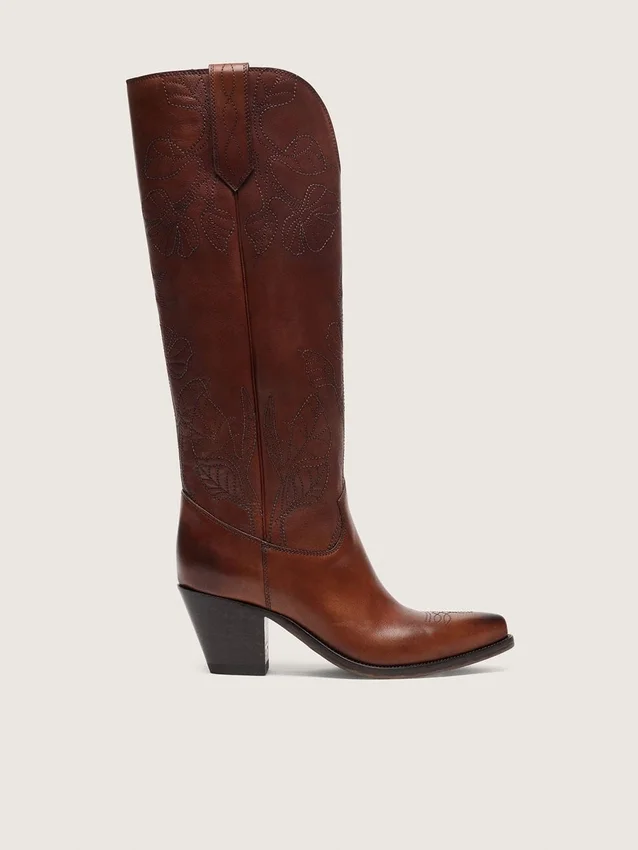 Botas altas Wish Star para mujer en cuero marrón con bordado floral