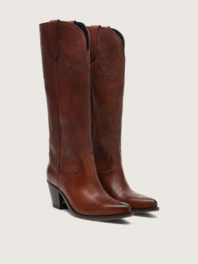 Botas altas Wish Star para mujer en cuero marrón con bordado floral