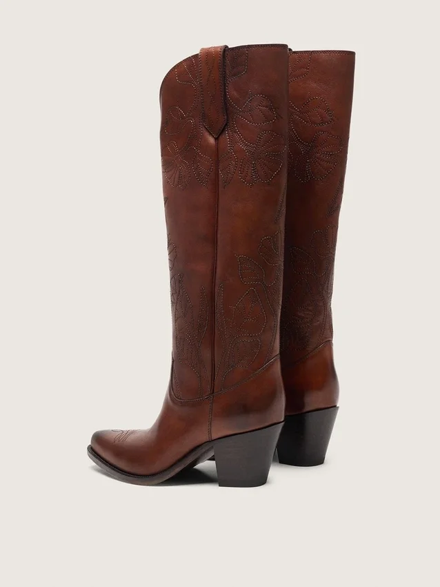 Botas altas Wish Star para mujer en cuero marrón con bordado floral