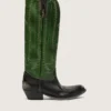 Botas altas Wish Star para mujer en cuero negro con pierna de cuero verde y bordados blancos