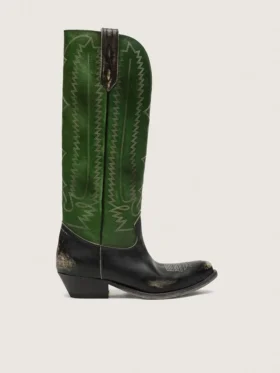 Botas altas Wish Star para mujer en cuero negro con pierna de cuero verde y bordados blancos