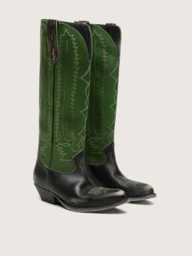 Botas altas Wish Star para mujer en cuero negro con pierna de cuero verde y bordados blancos