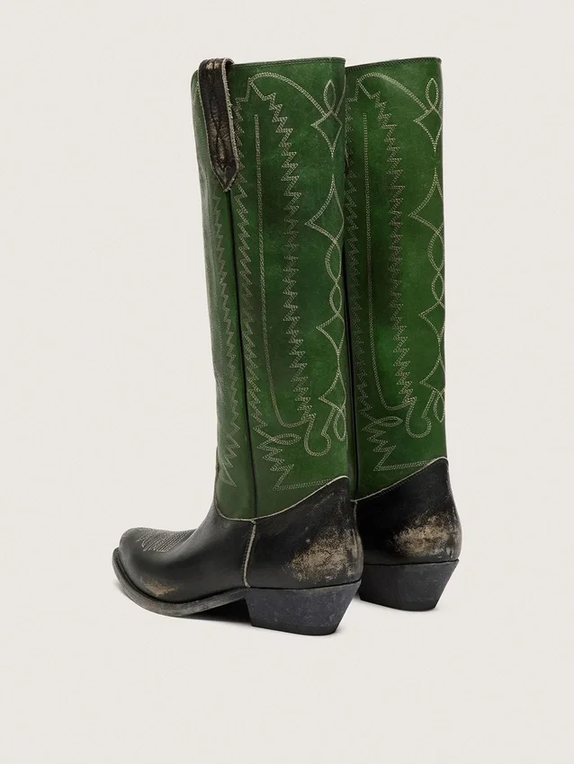 Botas altas Wish Star para mujer en cuero negro con pierna de cuero verde y bordados blancos