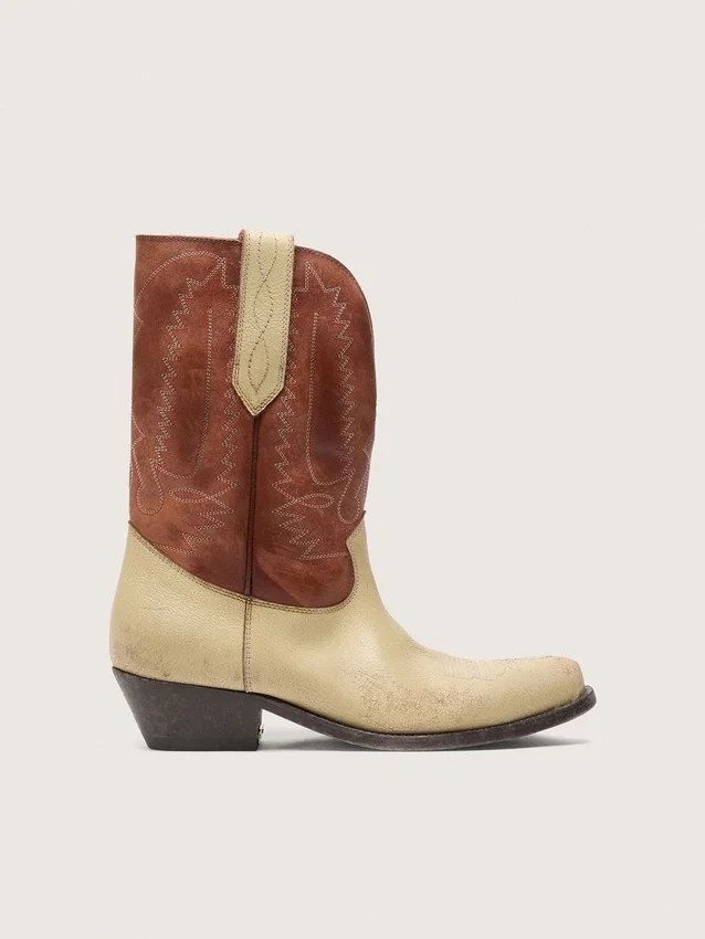 Botas bajas Wish Star para mujer en cuero beige y marrón con bordados