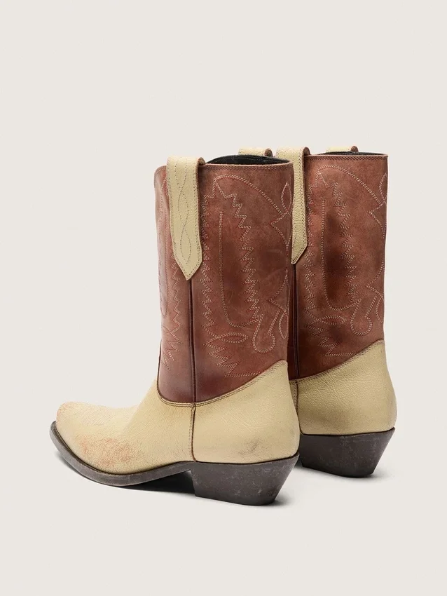 Botas bajas Wish Star para mujer en cuero beige y marrón con bordados