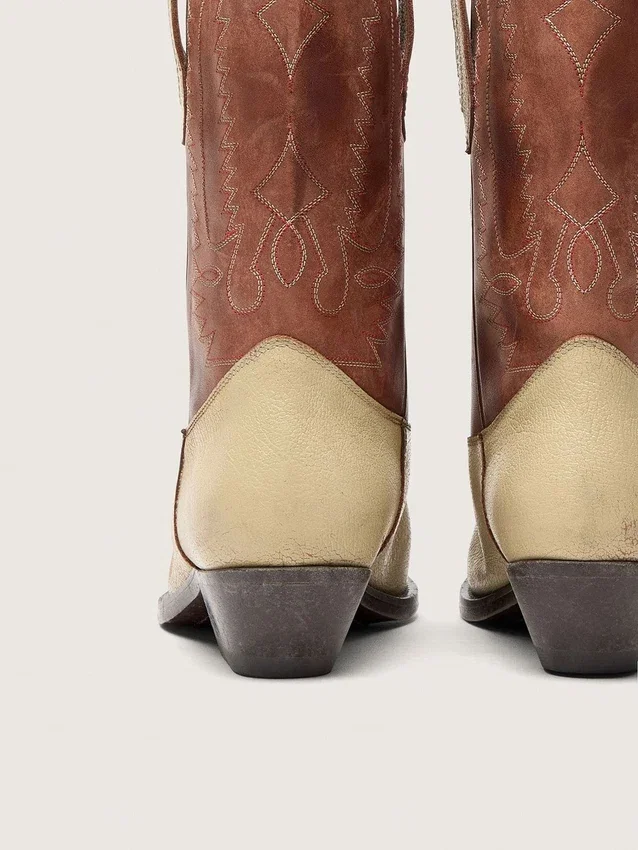 Botas bajas Wish Star para mujer en cuero beige y marrón con bordados