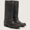 Botas moteras altas para mujer en cuero negro con correa y hebilla plateada