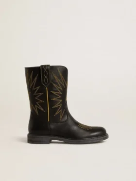 Botas Wish Junior de cuero negro con estrella bordada en amarillo