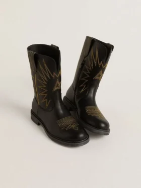 Botas Wish Junior de cuero negro con estrella bordada en amarillo