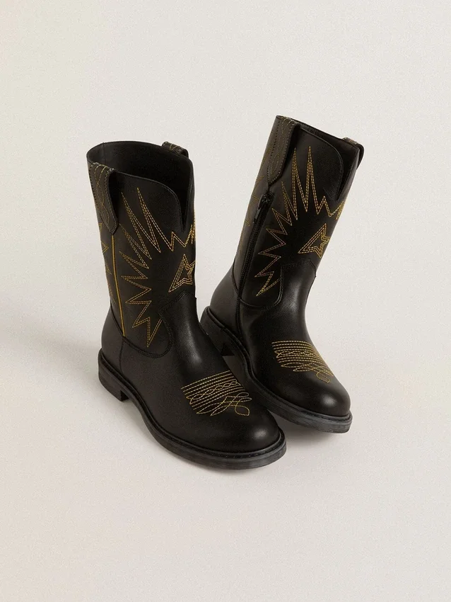 Botas Wish Junior de cuero negro con estrella bordada en amarillo