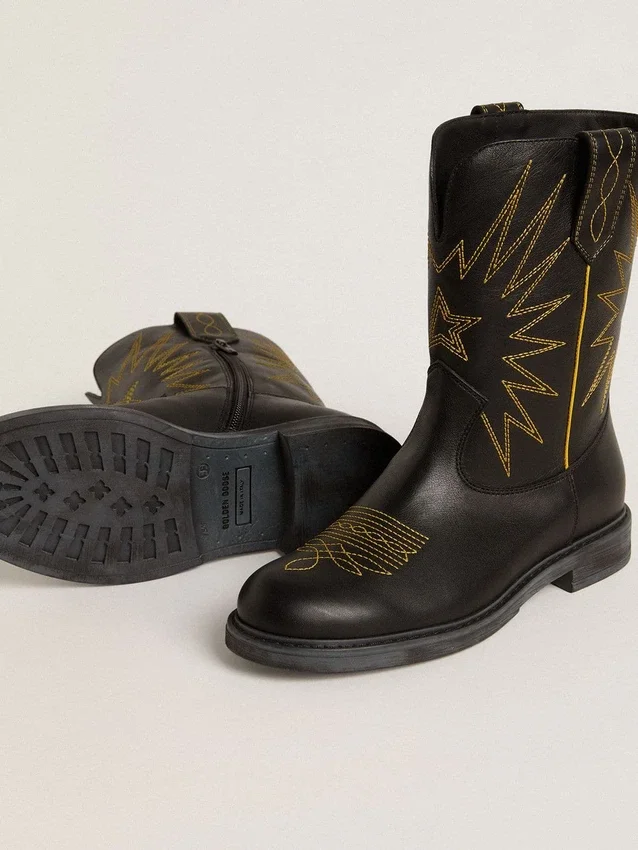 Botas Wish Junior de cuero negro con estrella bordada en amarillo