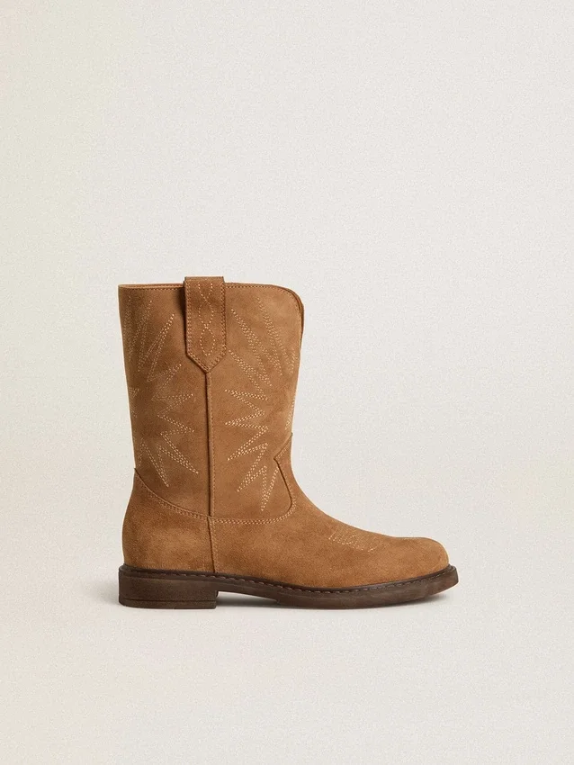 Botas Wish Junior en gamuza color camello con bordado de estrellas