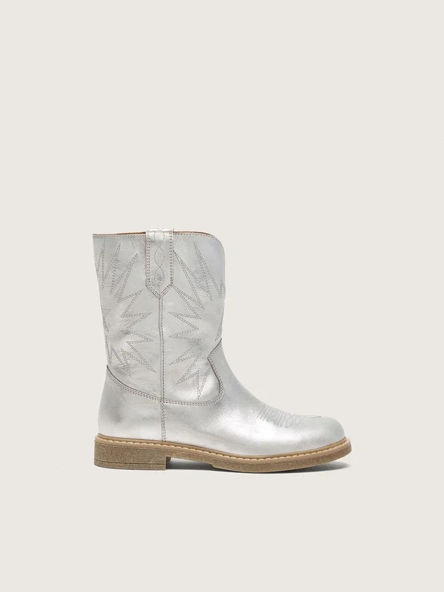 Botas Wish para niños en cuero metalizado plateado con bordado de estrellas