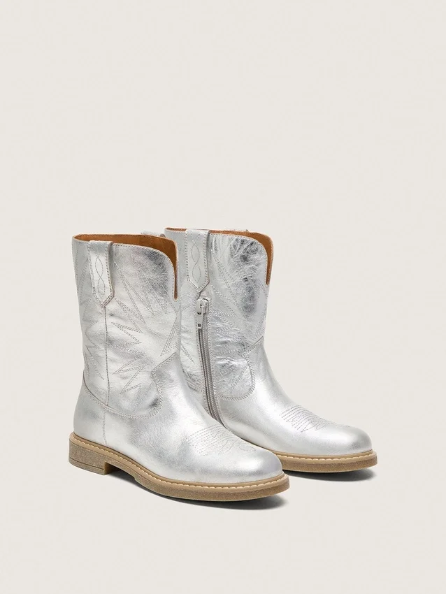 Botas Wish para niños en cuero metalizado plateado con bordado de estrellas