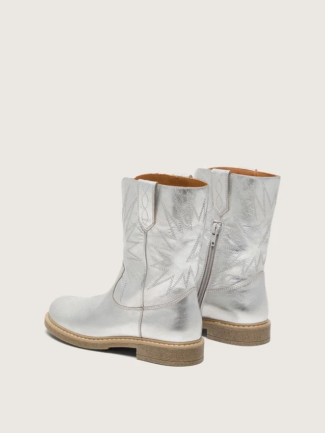 Botas Wish para niños en cuero metalizado plateado con bordado de estrellas