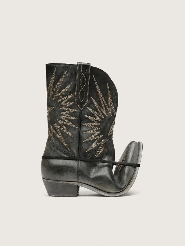 Botas Wish Star bajas para hombre en cuero negro con estrella plateada