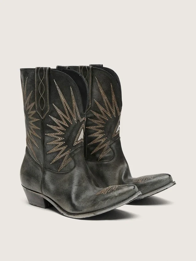 Botas Wish Star bajas para hombre en cuero negro con estrella plateada
